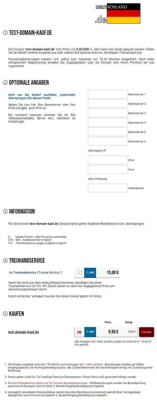Domainregistrierung - Ergebnisseite